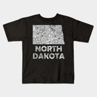 Mandala art map of North Dakota with text in white Kids T-Shirt